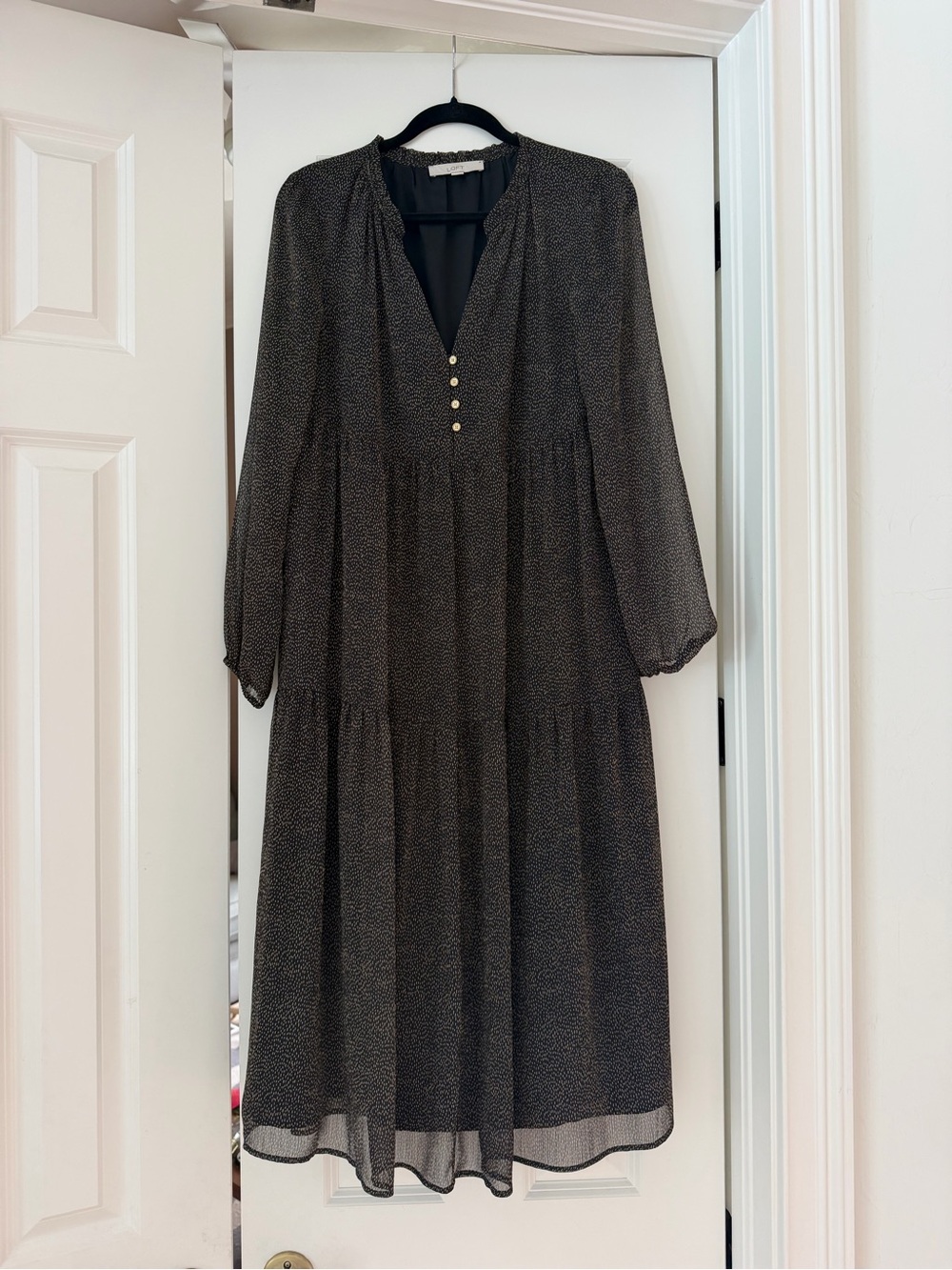 Black Printed Long Sleeve V-Neck Tiered Midi Dress